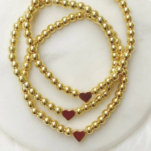 18K Gold Beaded Stretch Bracelet w/Heart Waterproof Stackable Jewelry Heart - Picture 11 of 11